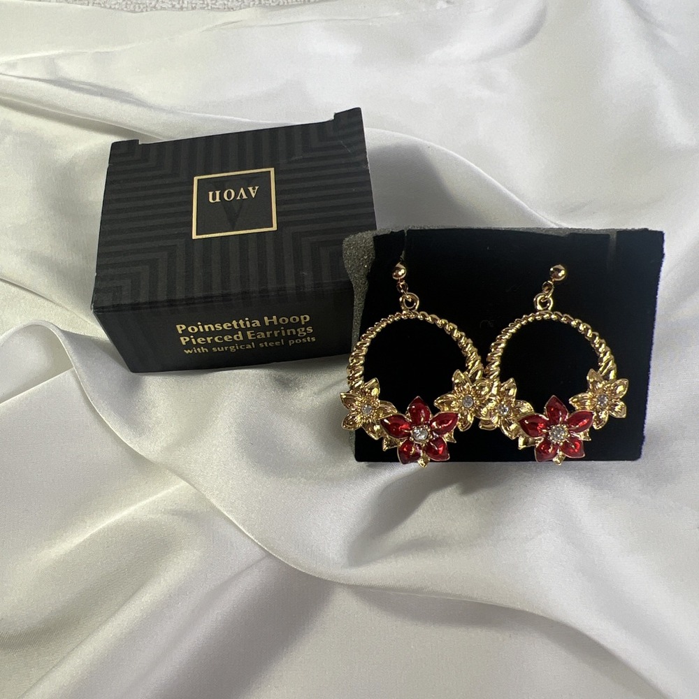 Vinatge Avon 1994 Poinsettia Hoop Pierced Earrings With‎ Surgical Steel Posts